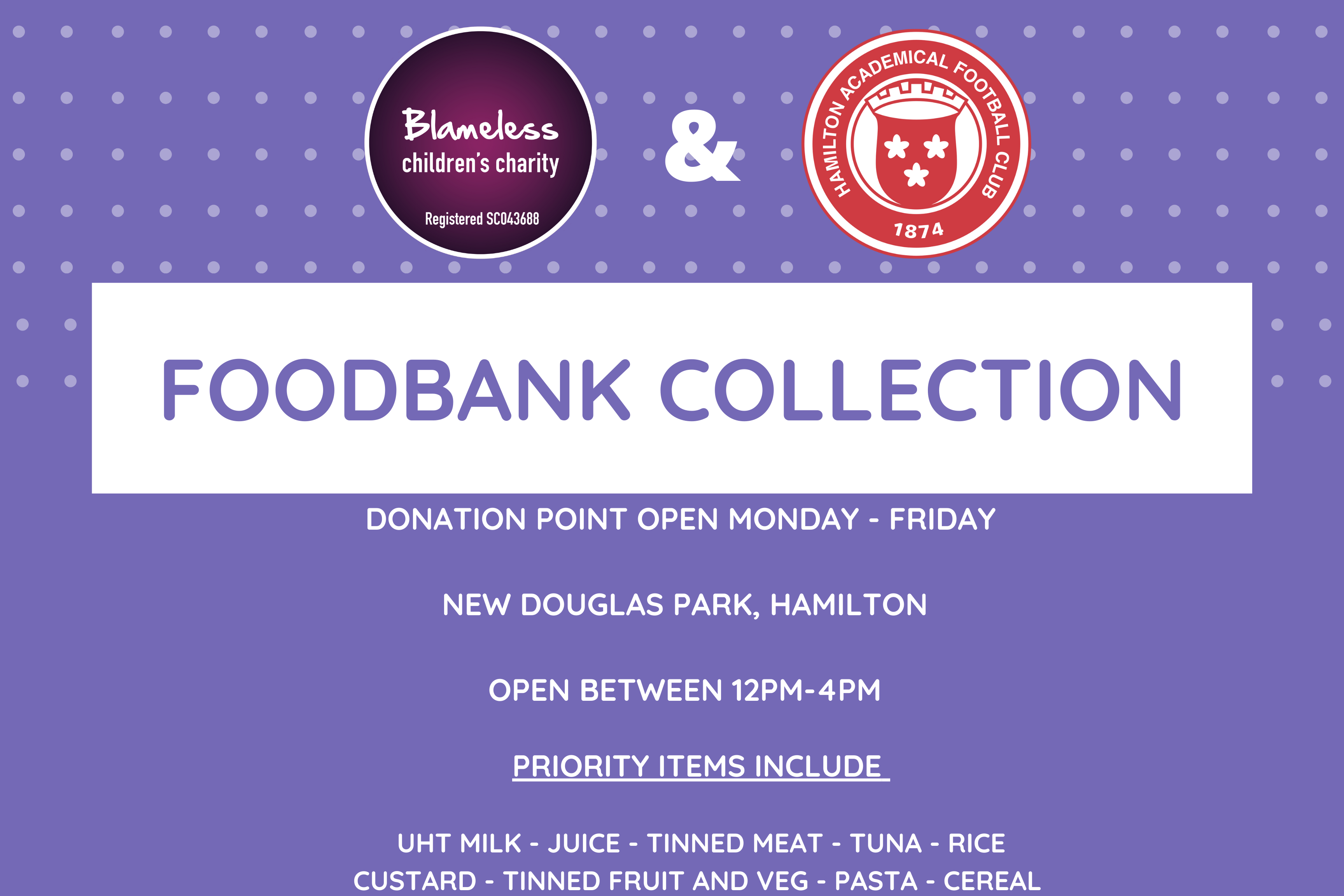 Blameless to join foodbank donation service beginning next week